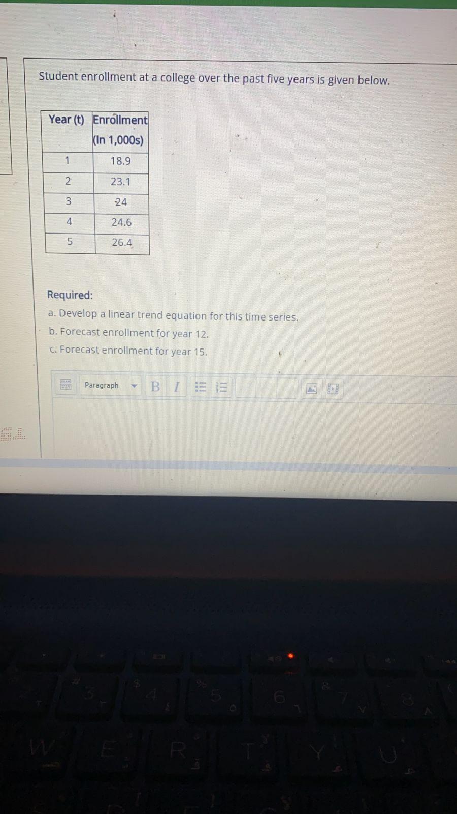 Student enrollment at a college over the past