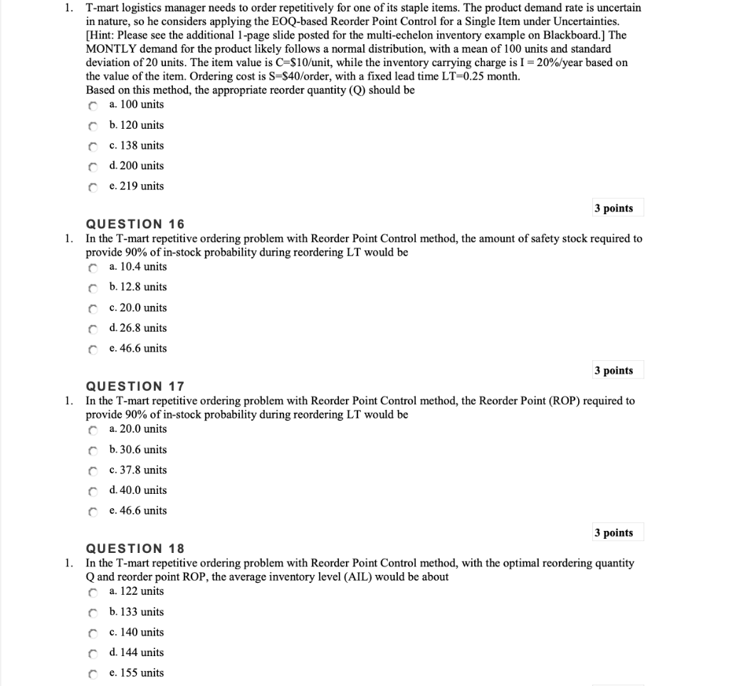 Please answer #16 #17 #18 1. T-mart logistics