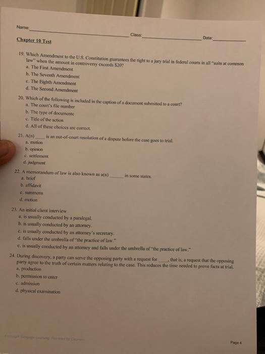 Name Class Chapter 19 Test Date: 19. Which