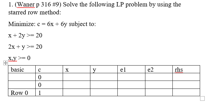 1. (Waner p 316 #9) Solve the following LP