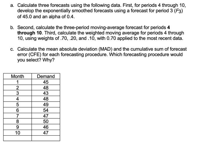 a. Calculate three forecasts using the following