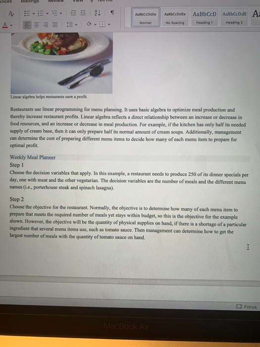 1) Input the Restaurant menu problem into a