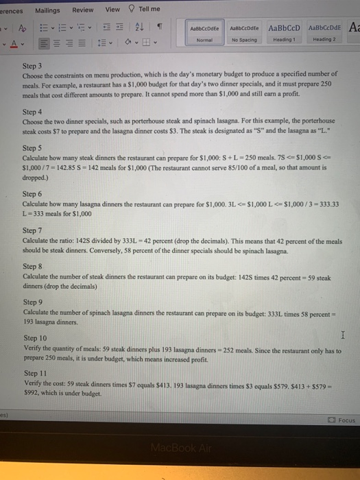 1) Input the Restaurant menu problem into a