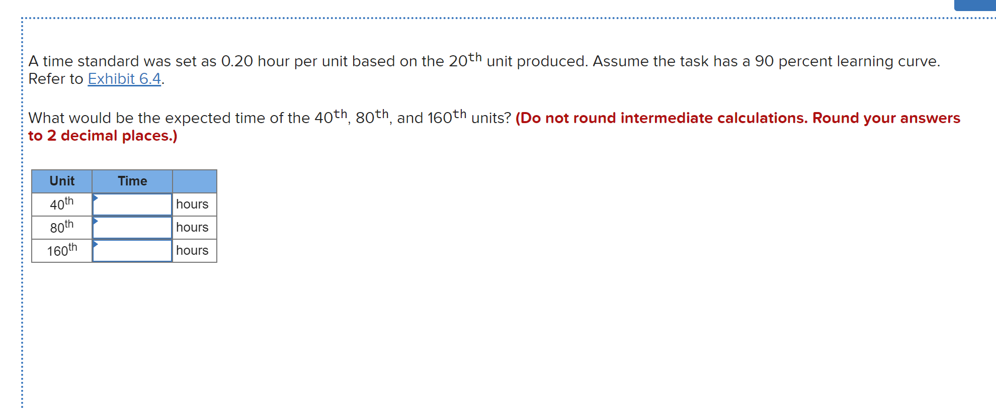 A time standard was set as 0.20 hour per unit