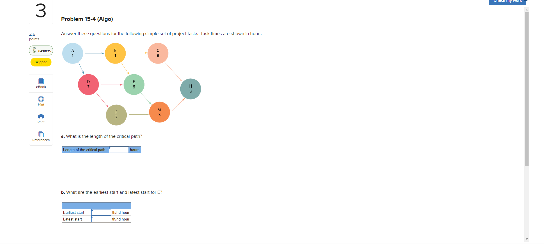 Check my work 3 Problem 15-4 (Algo) 2.5 points