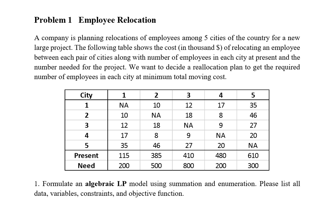 Problem 1 Employee Relocation A company is