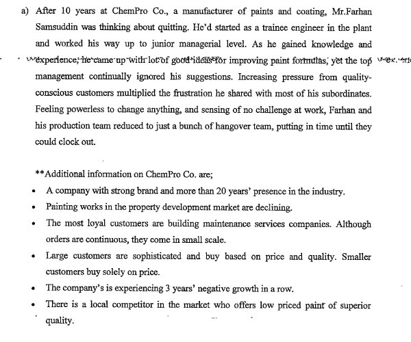 a) After 10 years at ChemPro Co., a manufacturer