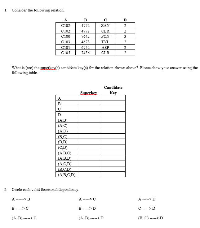 \ 1. Consider the following relation. B D C102