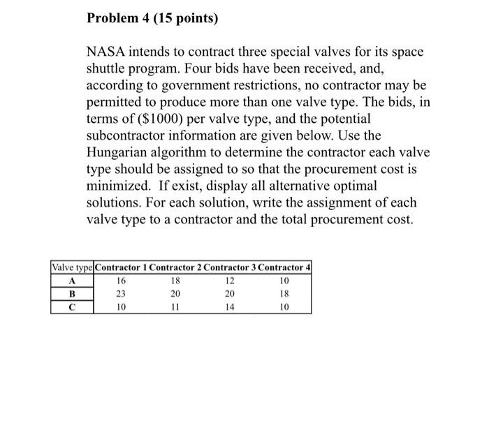 Problem 4 (15 points) NASA intends to contract