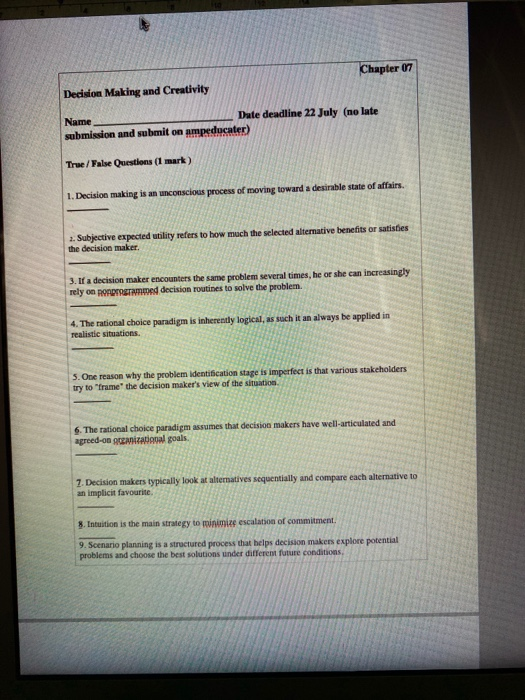 Chapter 07 Decision Making and Creativity Name