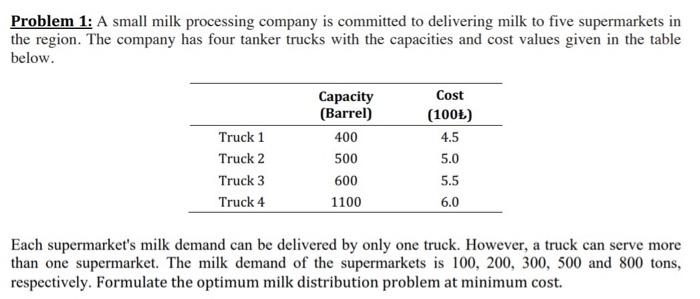 Problem 1: A small milk processing company is
