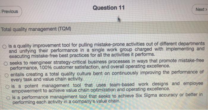 Question 11 Previous Next > Total quality