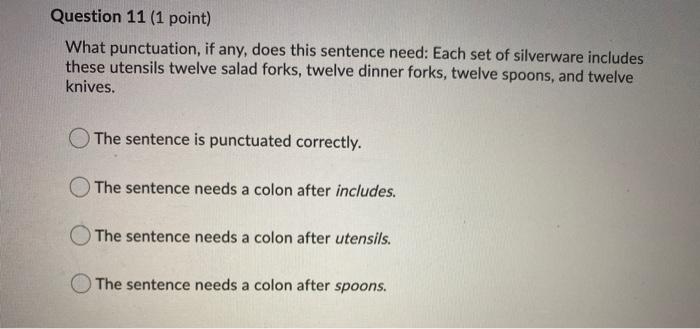 Question 11 (1 point) What punctuation, if any,