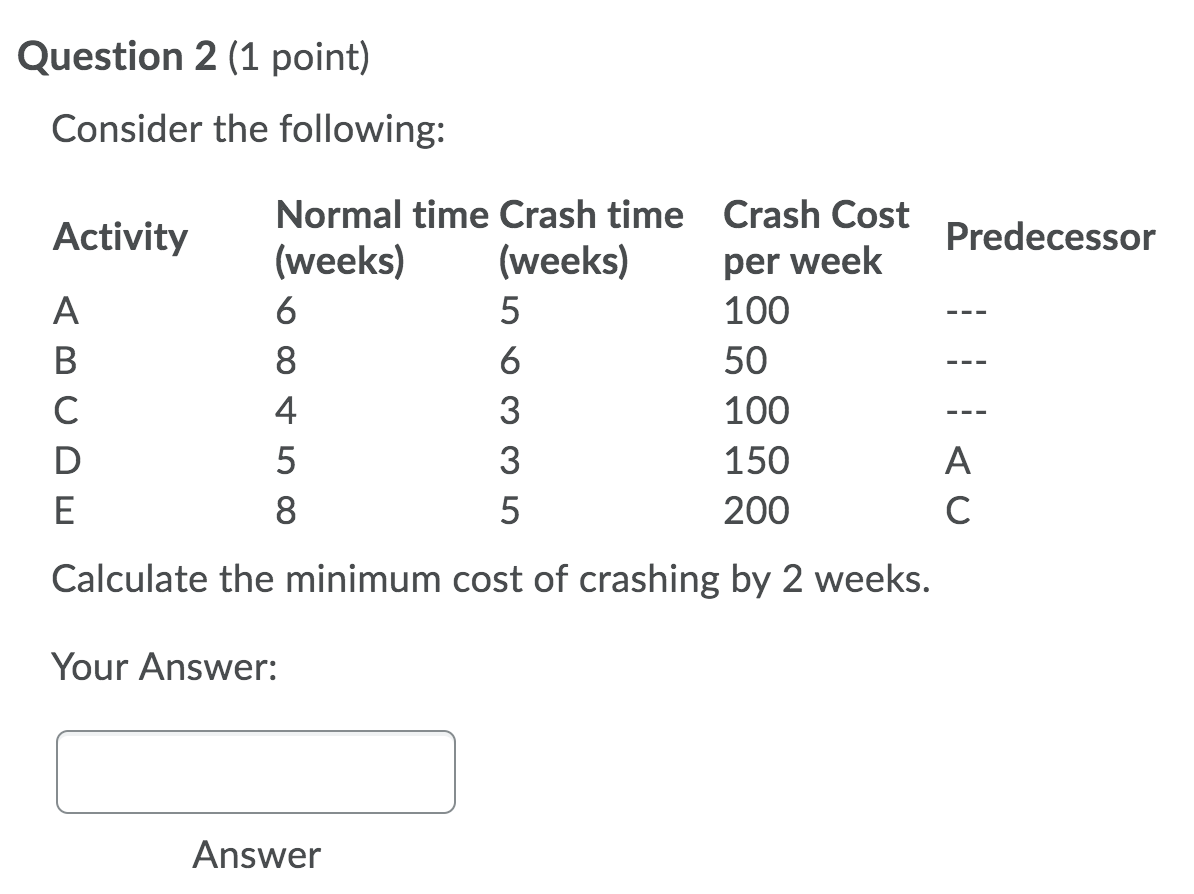 Question 2 (1 point) Consider the following: