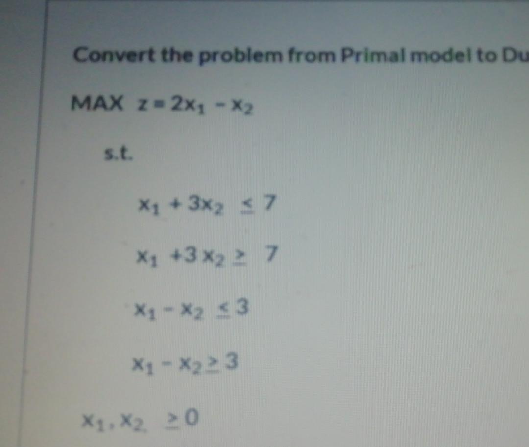 Convert the problem from Primal model to Du MAX