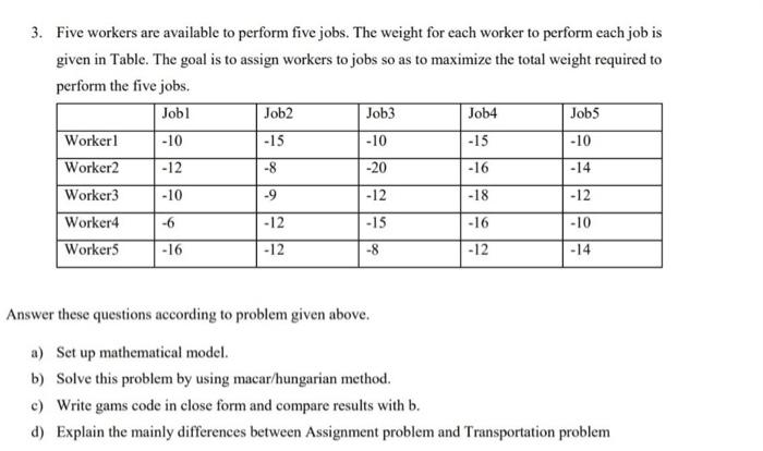 3. Five workers are available to perform five
