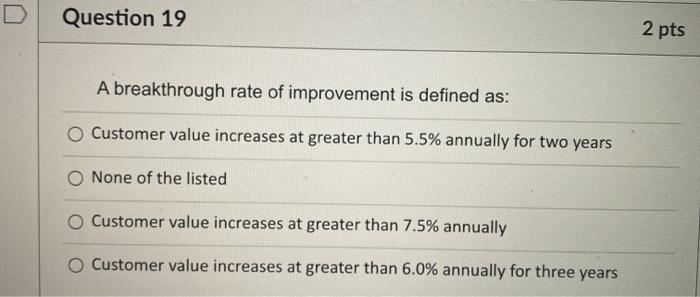 Question 19 2 pts A breakthrough rate of