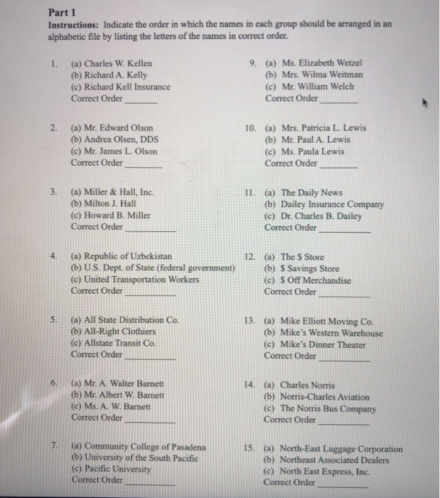 Part 1 Instructions: Indicate the order in which