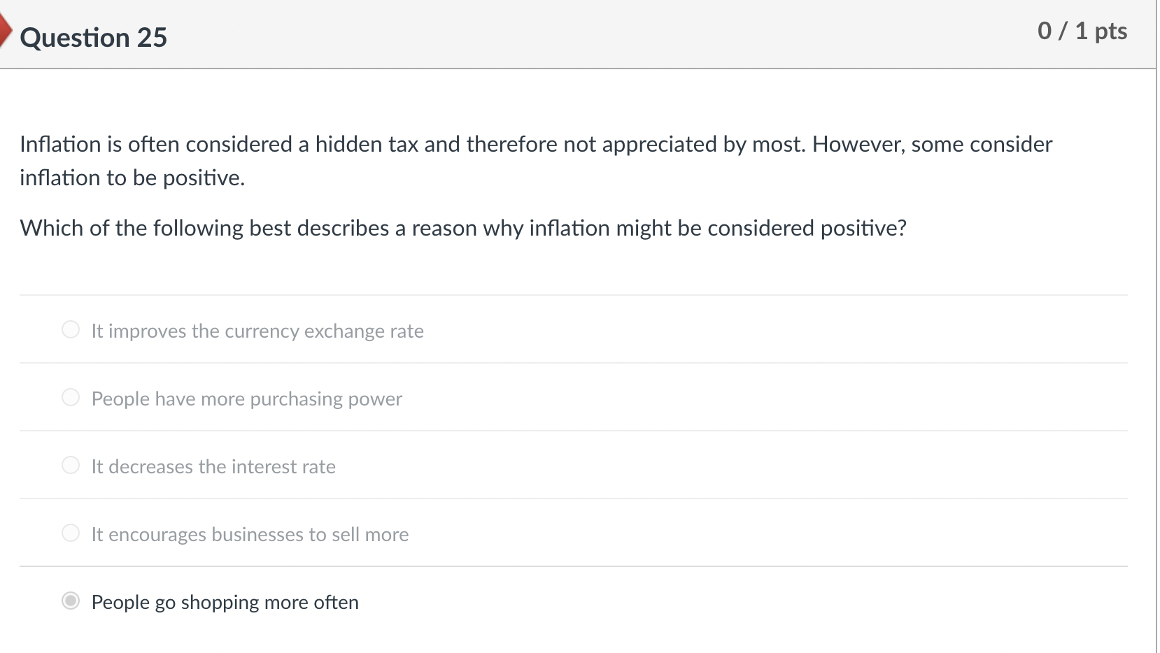 Question 25 0/ 1 pts a Inflation is often