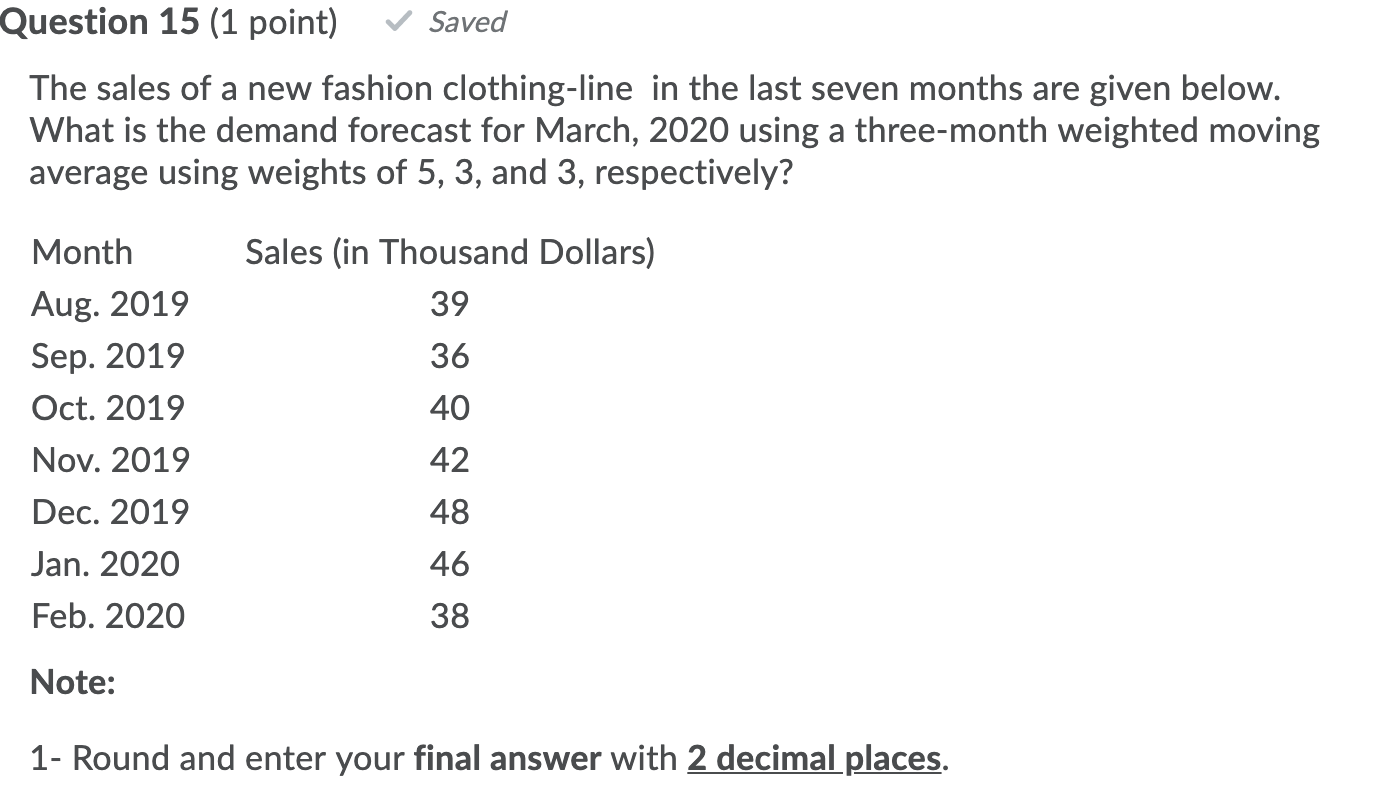 Question 15 (1 point) Saved The sales of a new
