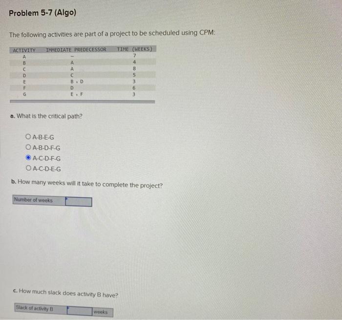 Problem 5-7 (Algo) The following activities are
