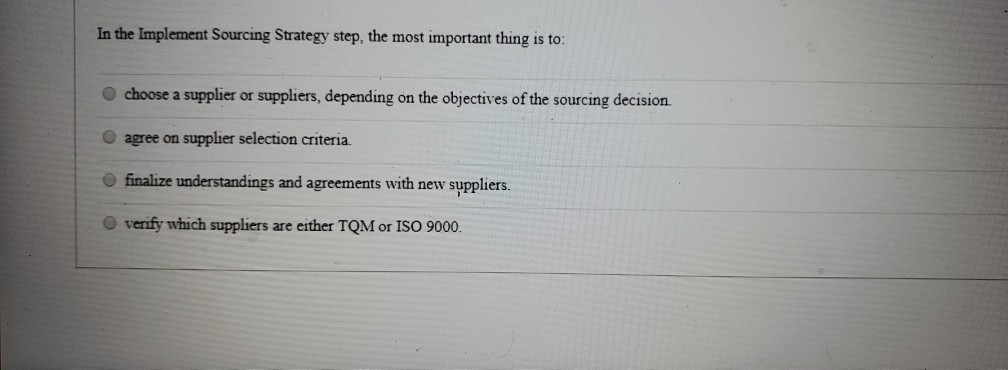 In the Implement Sourcing Strategy step, the most