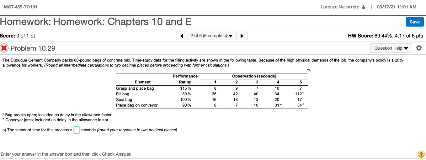 a) The standard time for this process = b) The