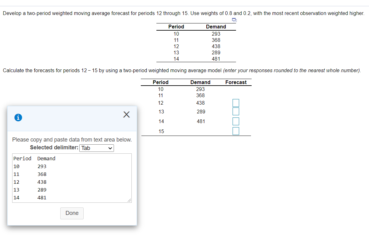 Develop a two-period weighted moving average