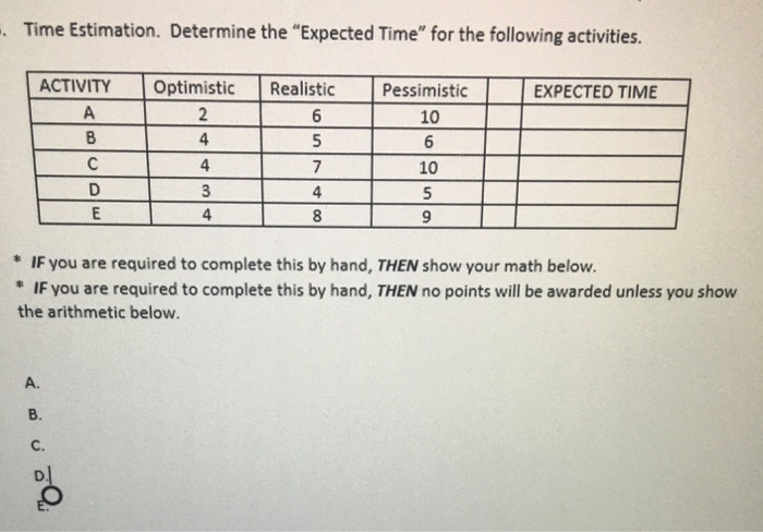 - Time Estimation. Determine the "Expected Time"