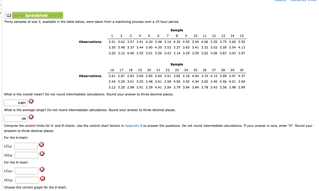 Spreadsheet Thirty samples of size 3, available
