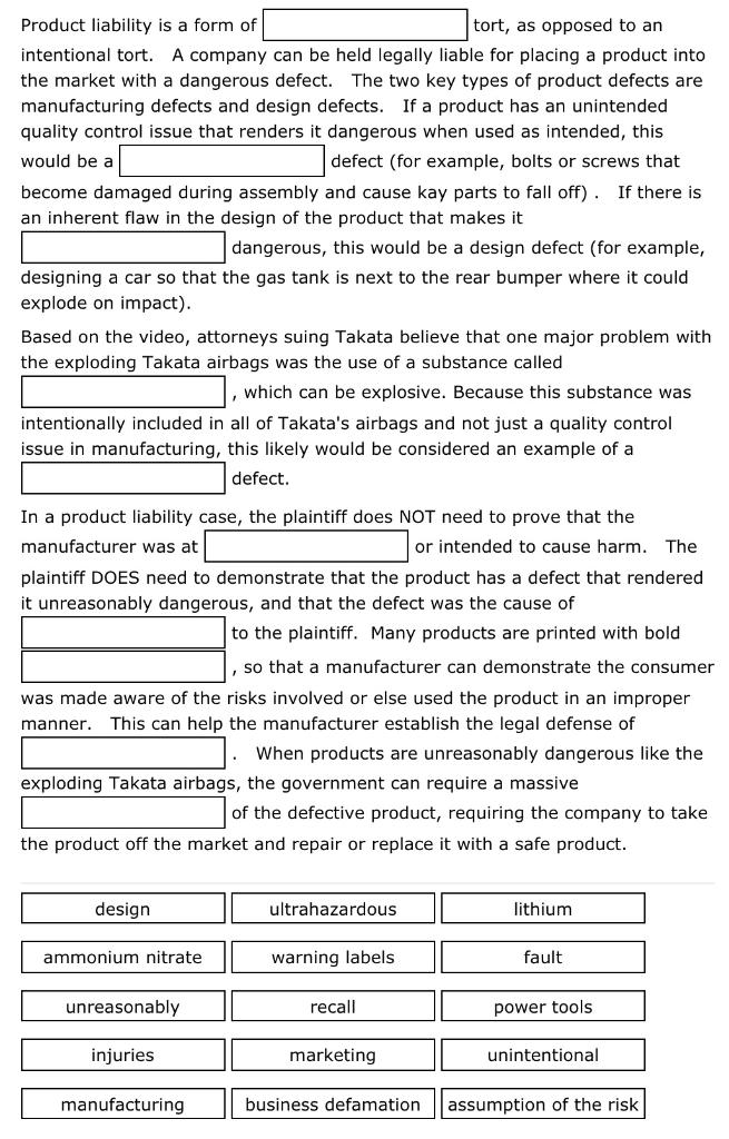 Product liability is a form of tort, as opposed
