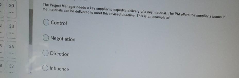 30 The Project Manager needs a key supplier to