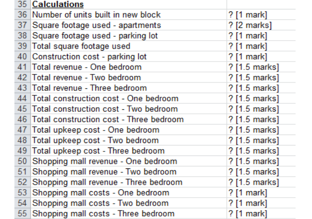 Write the Excel formula for each cell marked with