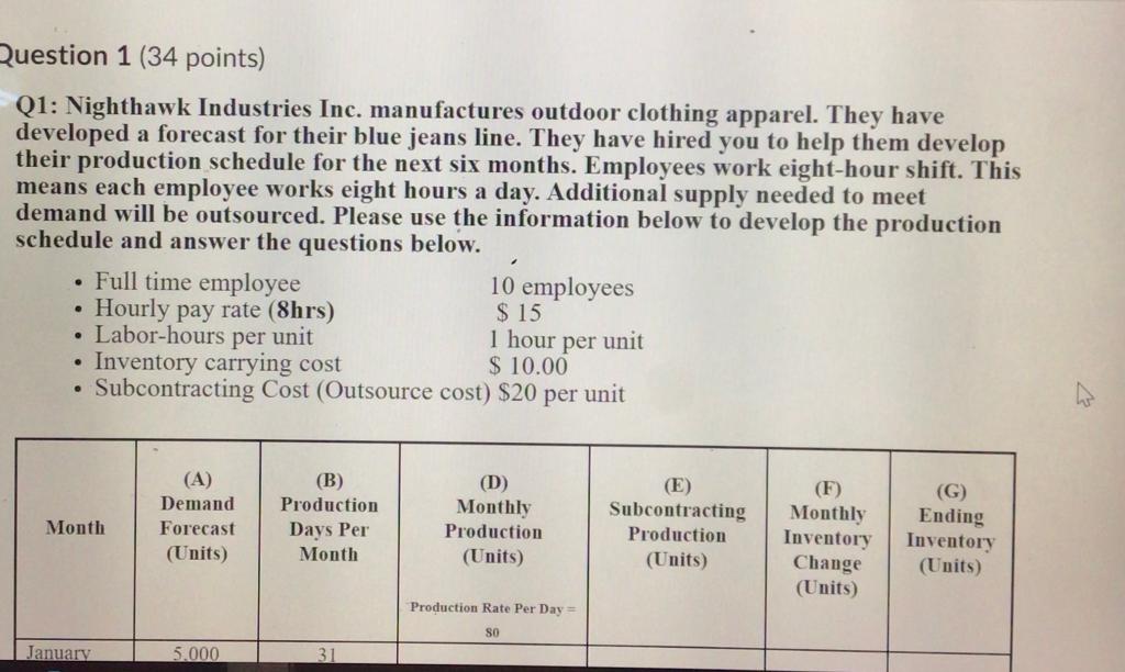 please fill in the table with work Question 1 (34