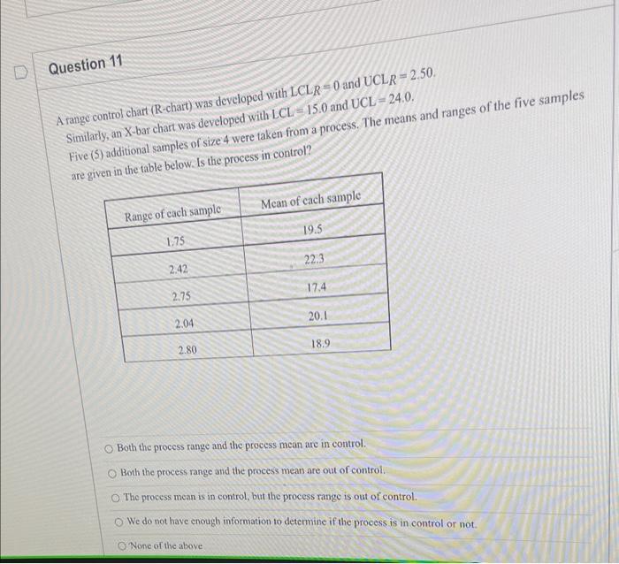1a 1b Question 11 A range control chart (R-chart)