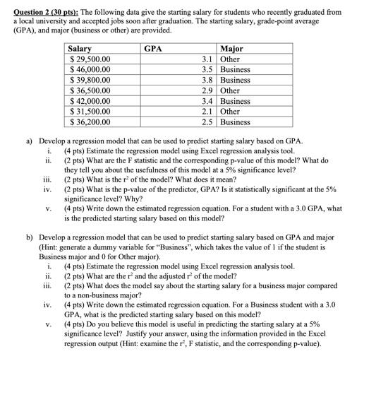Question 2 (30 pts): The following data give the