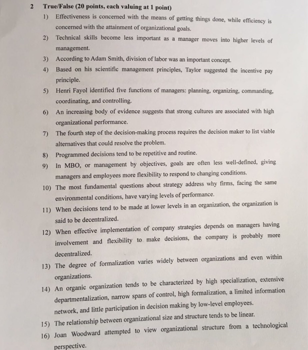 2 True/False (20 points, each valuing at 1 point)
