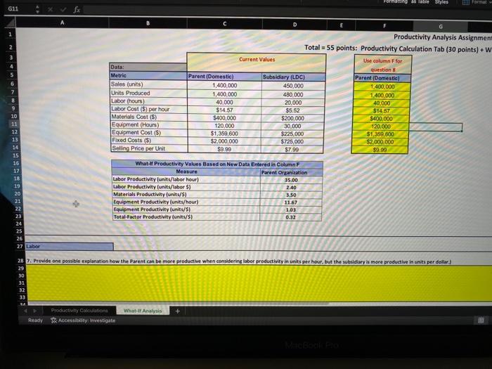 Total =55 points: Productivity Calculation Tab