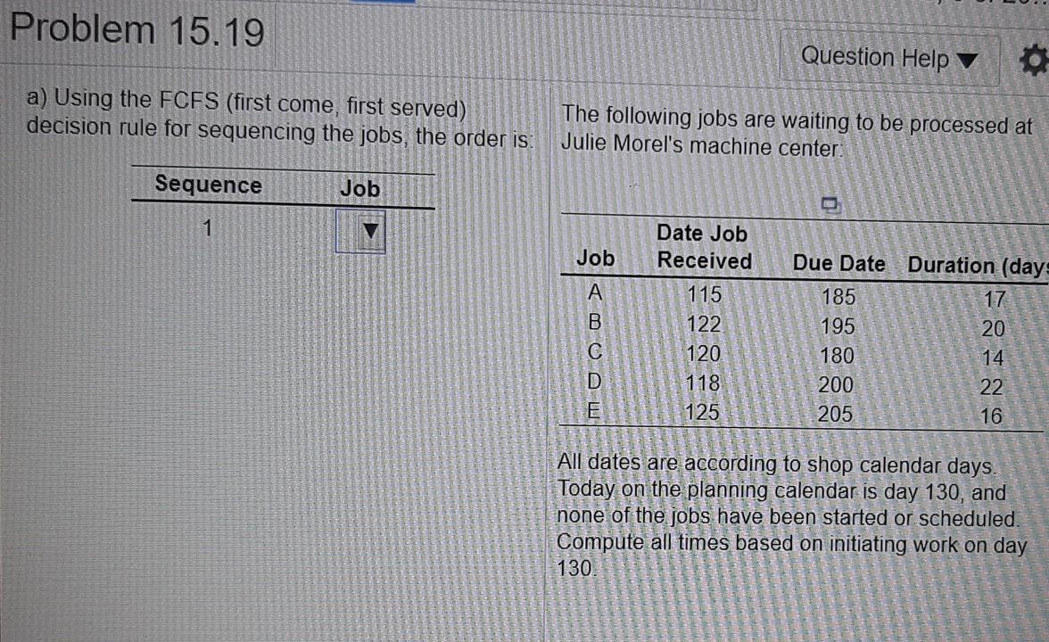 Problem 15.19 Question Help a) Using the FCFS