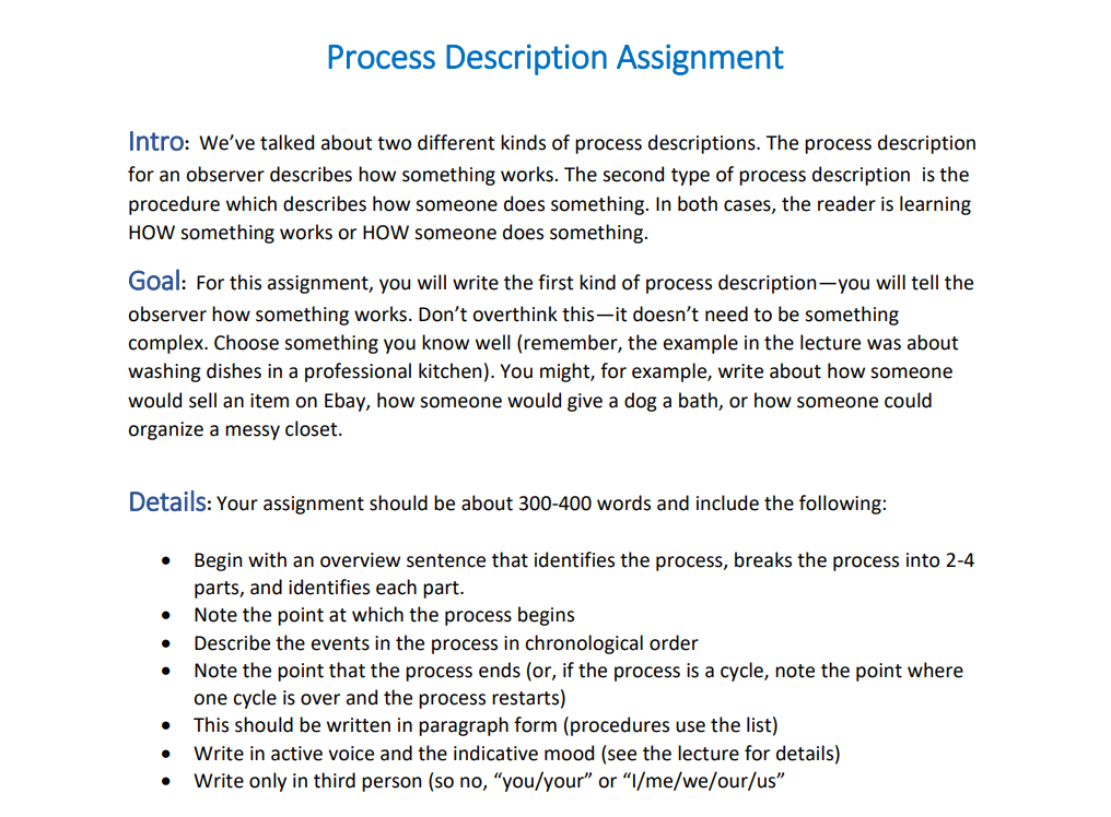 Process Description Assignment Intro: We've
