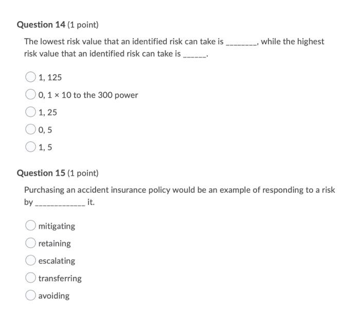 Question 14 (1 point) The lowest risk value that