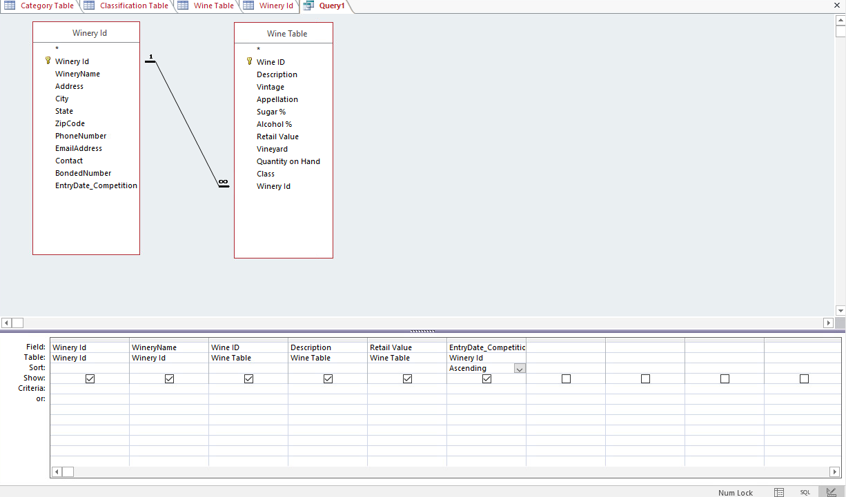 Create a query from the Winery and Wine tables.