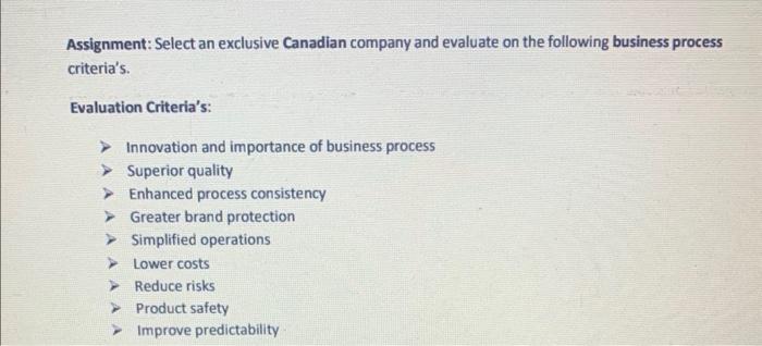 Assignment: Select an exclusive Canadian company