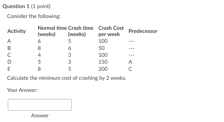 Question 1 (1 point) Consider the following: