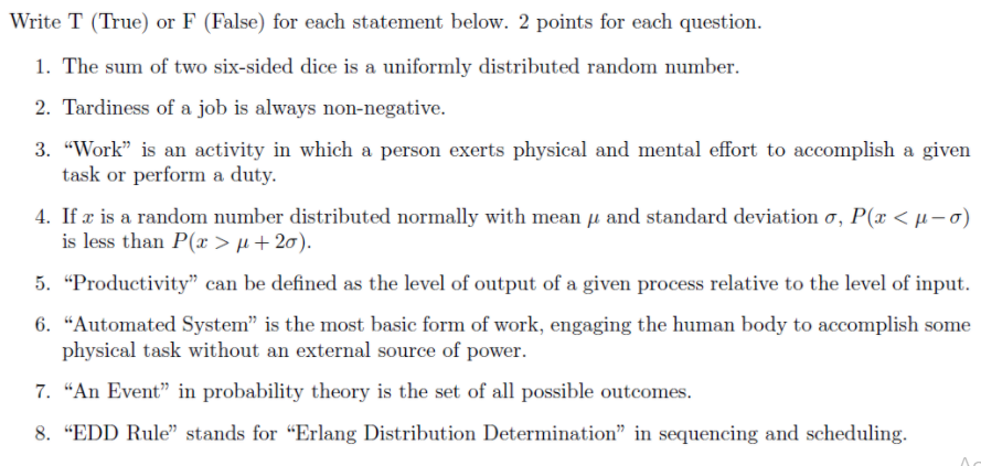 Write T (True) or F (False) for each statement