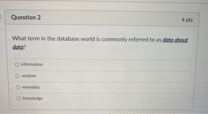 Question 2 4 pts What term in the database world