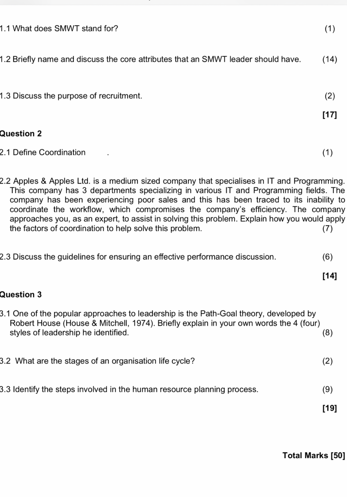 1.1 What does SMWT stand for? (1) 1.2 Briefly