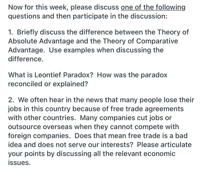 Now for this week, please discuss one of the