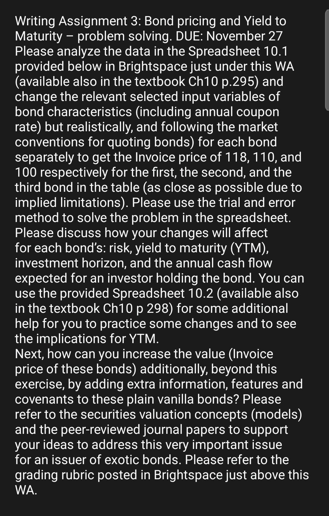 Writing Assignment 3: Bond pricing and Yield to