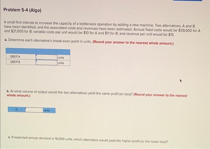 Problem 5-4 (Algo) A small firm intends to